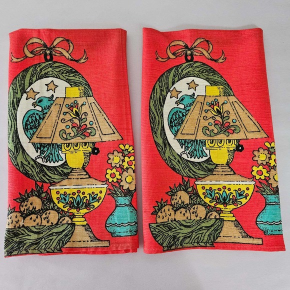 Set of 2 Parisian Prints kitchen tea Towels tomato red collection of lamps new - Picture 2 of 4